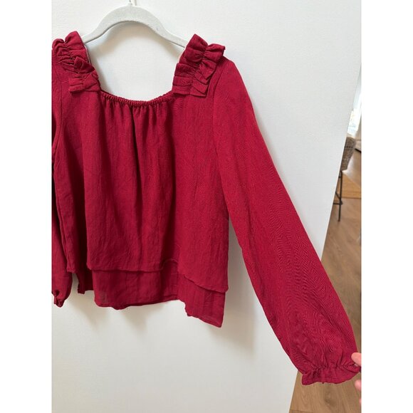 Girls Hayden Red Long-Sleeve Layered Blouse With Ruffle Details & Elastic Neckli - Picture 2 of 5